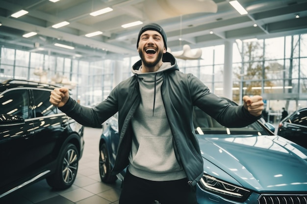 Foto een man die voor een auto staat in een showroom deze afbeelding kan worden gebruikt om de nieuwste auto modellen te tonen of voor reclamedoeleinden