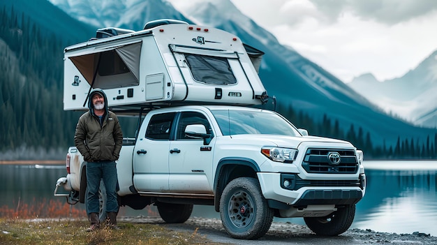 Een man die voor een camper staat die net op een witte Toyota Tundra is geplaatst