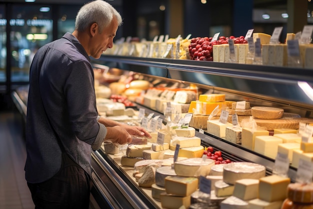 Een man die voor een vitrine staat gevuld met kaas in een supermarkt