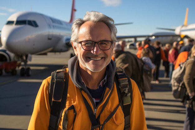 Een man die voor een vliegtuig op een landingsbaan staat