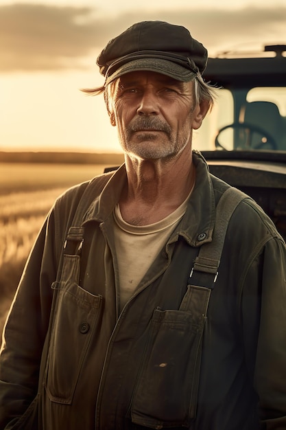 Een man die voor een vrachtwagen staat in een generatief beeld van een veld-AI