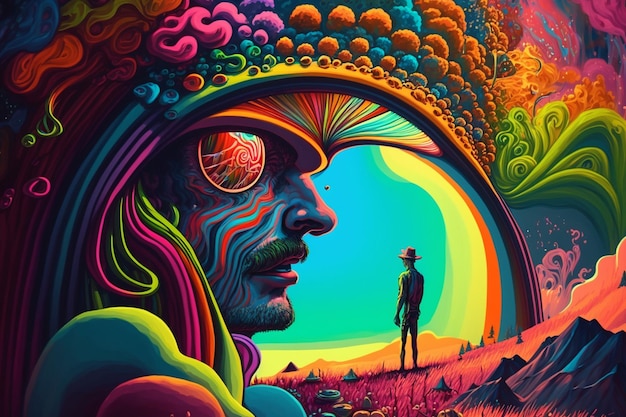 Een man die voor kleurrijke psychedelische generatieve ai staat