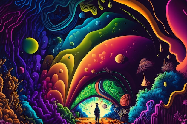 Foto een man die voor kleurrijke psychedelische generatieve ai staat