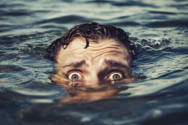 Foto een man die worstelt om zijn hoofd boven het water te houden met zijn ogen wijd open van angst.