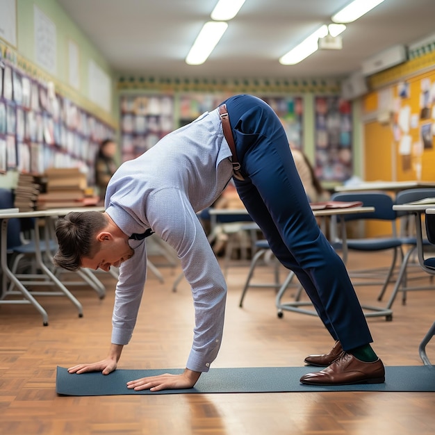 Foto een man die yoga doet in een klaslokaal met een muur met boeken achter hem.