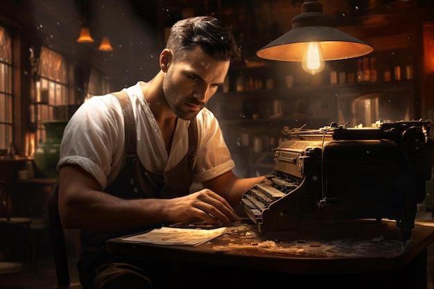 Een man die zich bezighoudt met zijn werk aan een oude schrijfmachine