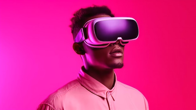 Een man die zich onderdompelt in een virtuele wereld met een VR-bril Generatieve ai