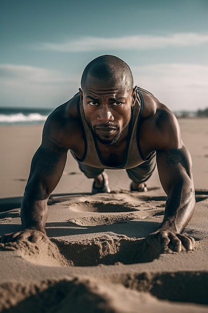 Een man doet push-ups op het strand