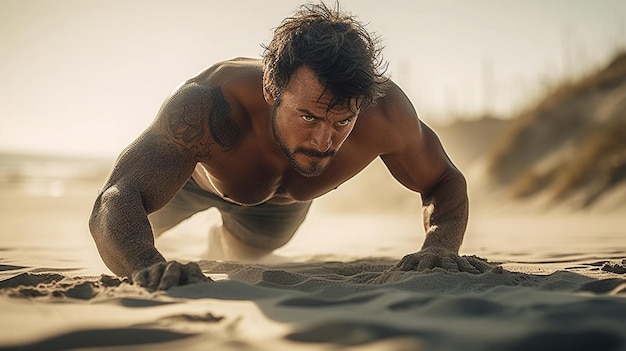 Een man doet push-ups op het strand