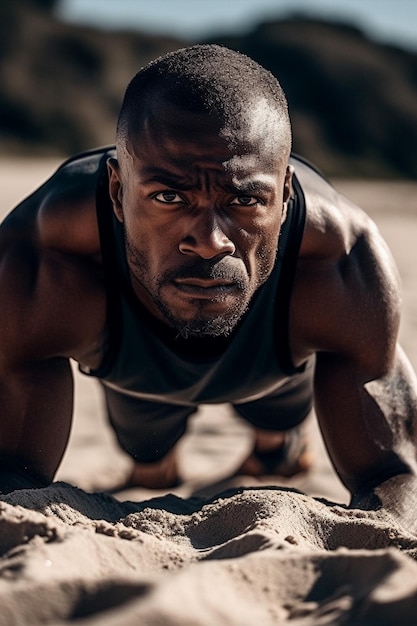 Een man doet push-ups op het strand