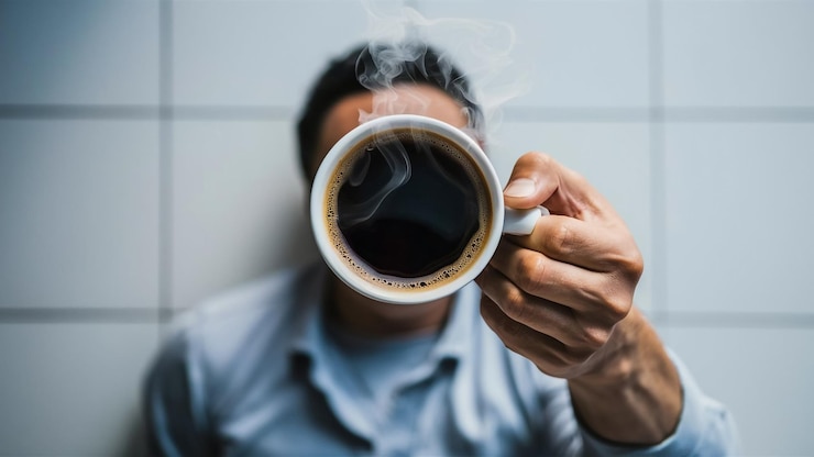 Foto een man drinkt uit een kop koffie