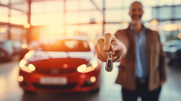 Foto een man droeg een slimme auto sleutel wazig auto showroom in de achtergrond helder licht in de achtergrund