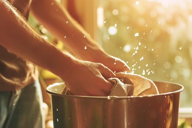 Een man drukte een doek over de emmer voor het wassen van ramen in het voorjaar