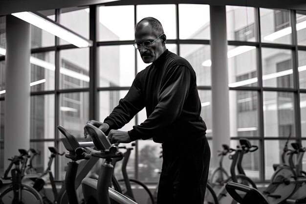 een man duwt een oefenfiets in een sportschool