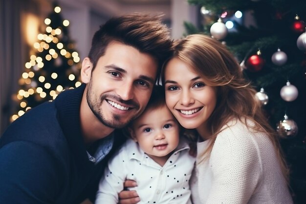 Een man, een vrouw en een kind poseren voor een foto voor een kerstboom