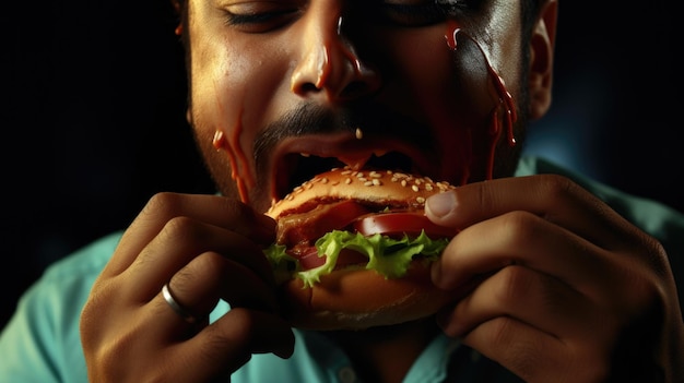 Een man eet een hamburger met veel saus ai