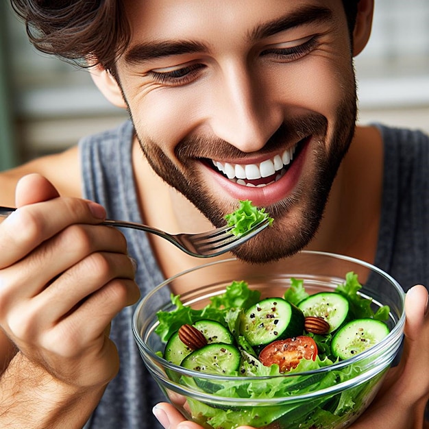 een man eet een salade met een vork