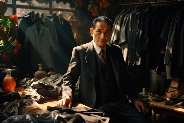 Foto een man eigenaar kleermakerij en pak hangen op hemd passen mannequin op de achtergrond genereren met ai