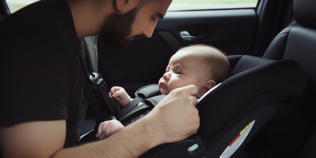 Een man en een baby in een autostoeltje