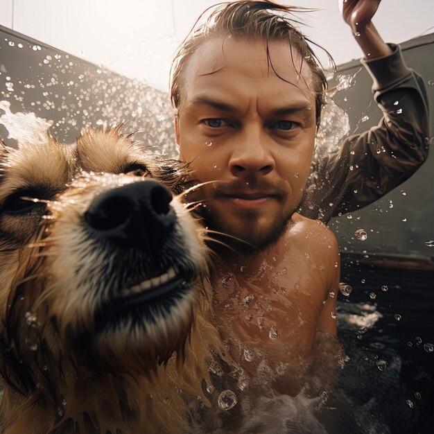 een man en een hond zijn in een badkuip met water dat om hem heen spat