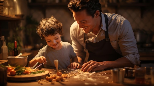 Een man en een jonge jongen bereiden vreugdevol eten voor in een gezellige keuken