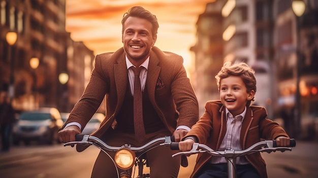 Een man en een jongen fietsen in de stad