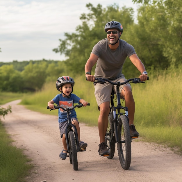 Een man en een jongen fietsen op een onverharde weg met een man op de fiets