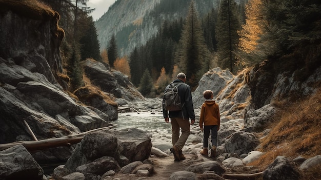 Een man en een jongen lopen op een pad in de bergen