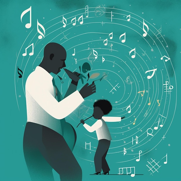Een man en een jongen spelen muziek met muzieknoten om hen heen