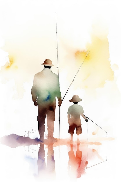 Een man en een jongen staan voor een kleurrijke aquarel achtergrond
