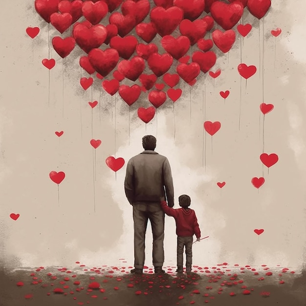Een man en een jongen staan voor rode harten die 'liefde' zeggen
