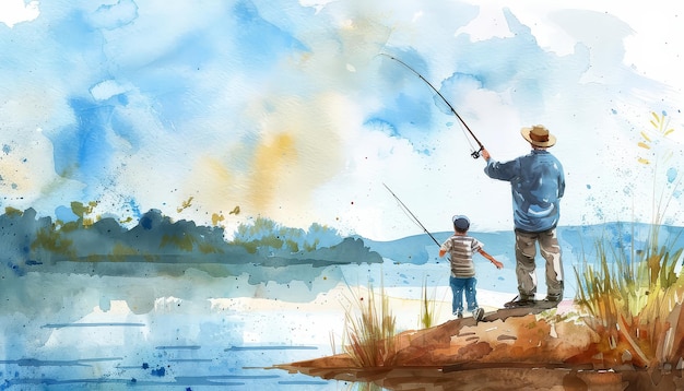 Een man en een jongen vissen in een meer.