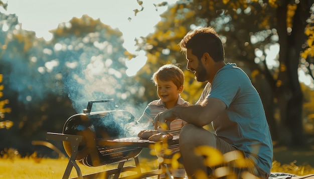 Een man en een jongen zitten op het gras en koken eten op een grill.