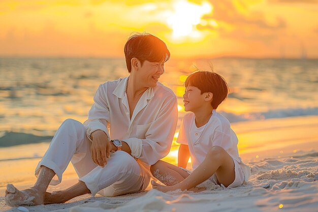 Een man en een jongen zitten op het strand en genieten van de zonsondergang.