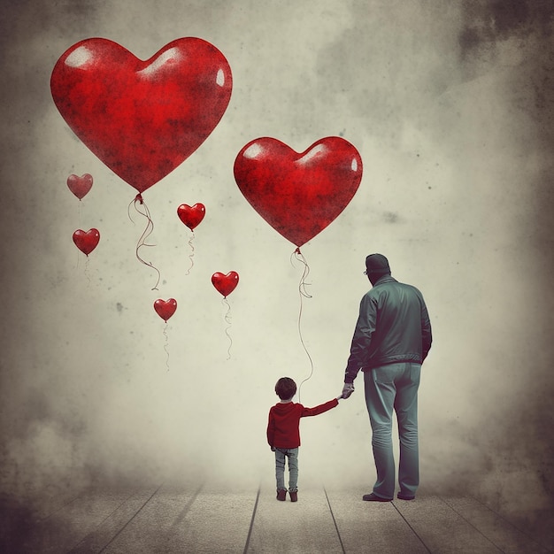 Een man en een kind houden ballonnen vast met 'liefde' erop