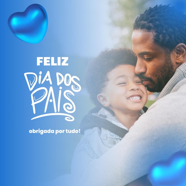 Een man en een kind knuffelen en de woorden feliz dia dos pais