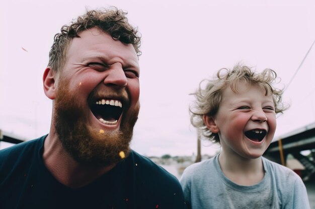 Een man en een kind lachen samen.