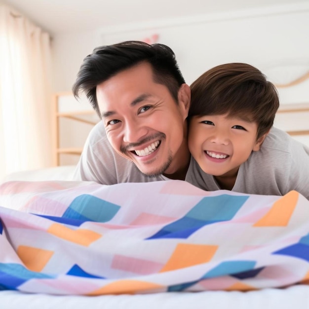een man en een kind liggen op een bed met een kleurrijke deken