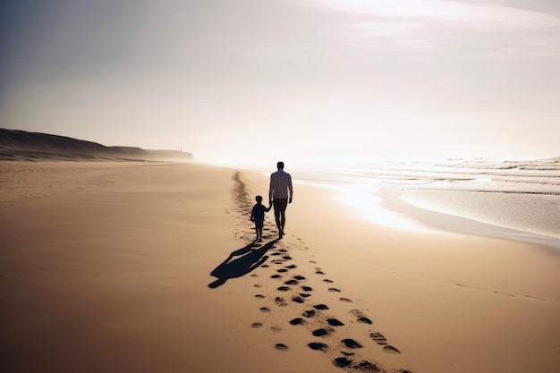 Een man en een kind lopen langs een strand, terwijl de zon op hen schijnt.