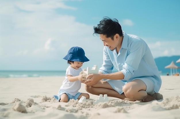een man en een kind spelen op het strand met een fles olie