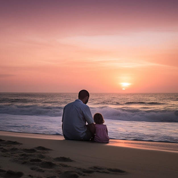 Een man en een kind zitten op het strand en kijken naar de zonsondergang