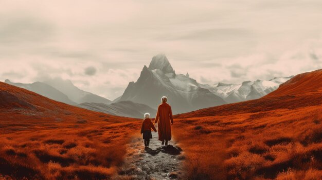 Een man en een klein meisje die in de bergen lopen Generatief AI-beeld
