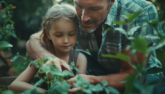 Foto een man en een klein meisje kijken naar planten.