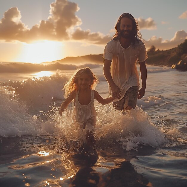 een man en een klein meisje zijn in het water met de zon achter hen ondergaan