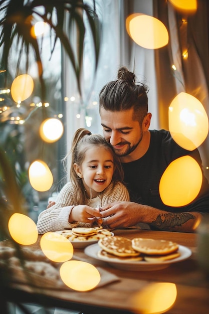 Foto een man en een klein meisje zitten aan een tafel