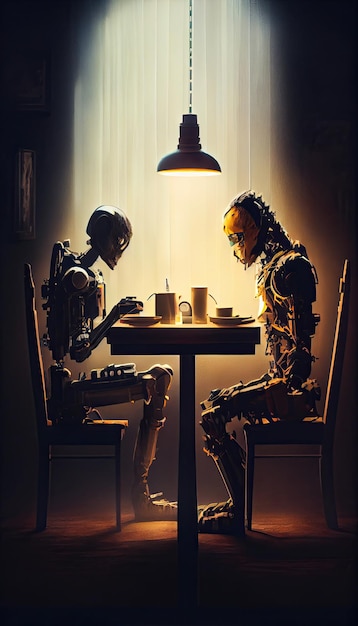 Een man en een robot zitten aan een tafel