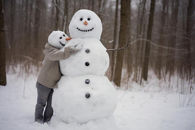 Een man en een sneeuwpop knuffelen elkaar in de sneeuw.