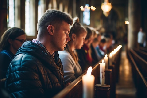 Een man en een vrouw bidden in een kerk.