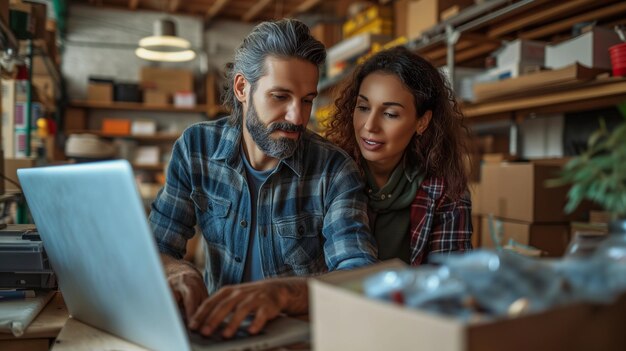 Een man en een vrouw delen een laptop in een stadsgebouw.