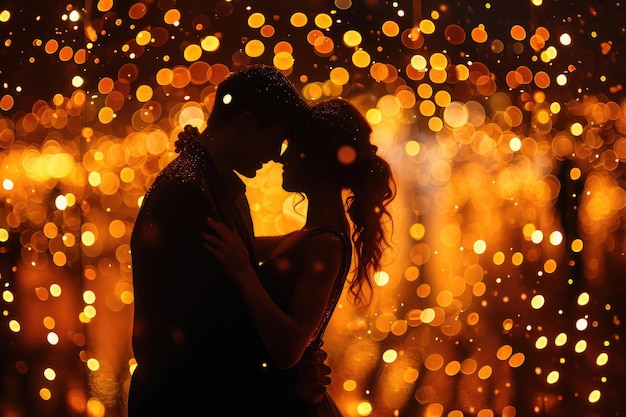 Foto een man en een vrouw delen een romantische kus terwijl de regen om hen heen stort. een stel dat danst onder glinsterende stadslichten. ai generated
